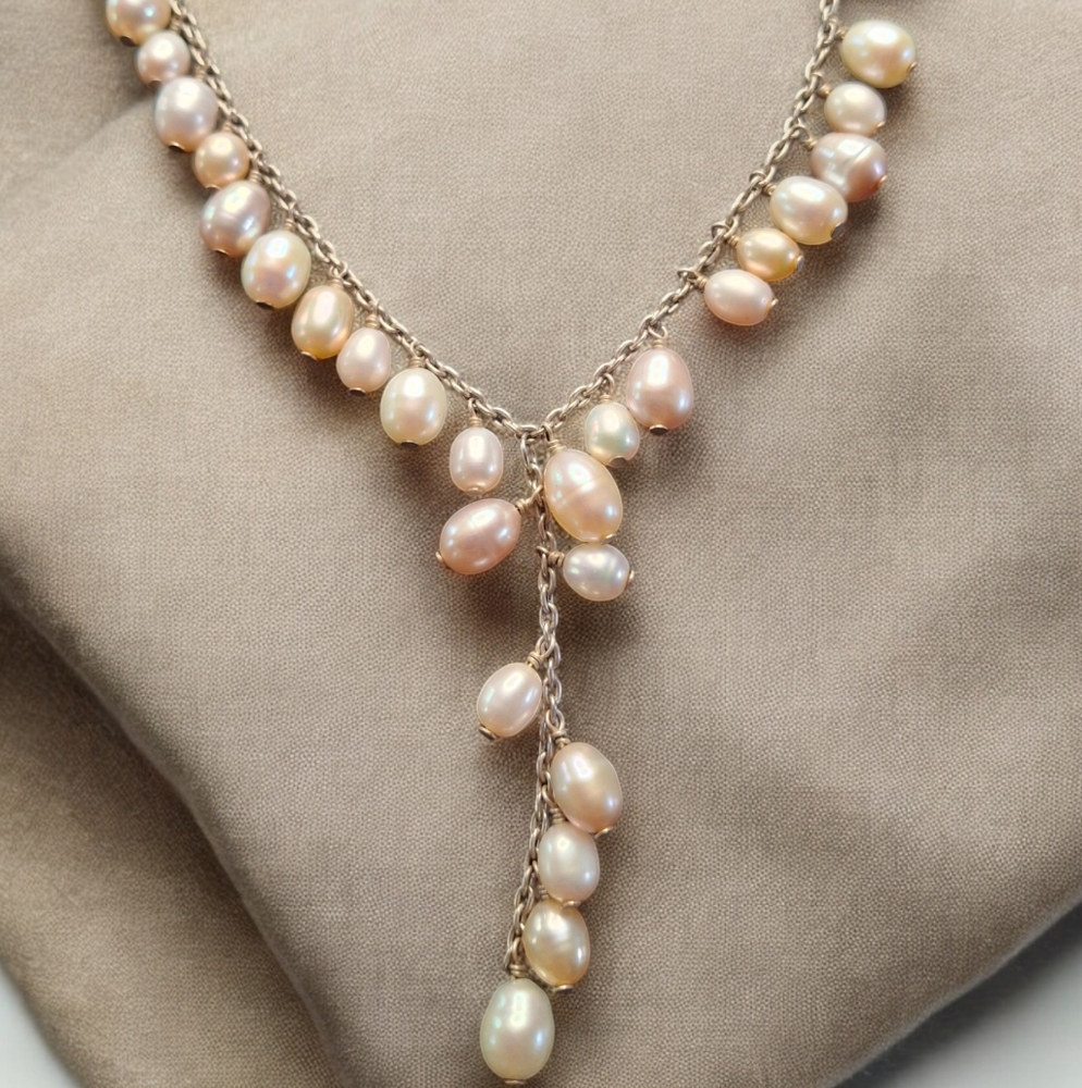 Sterling Silver 925 Cultured Pearl Drop Y Necklace with 2" Center Drop